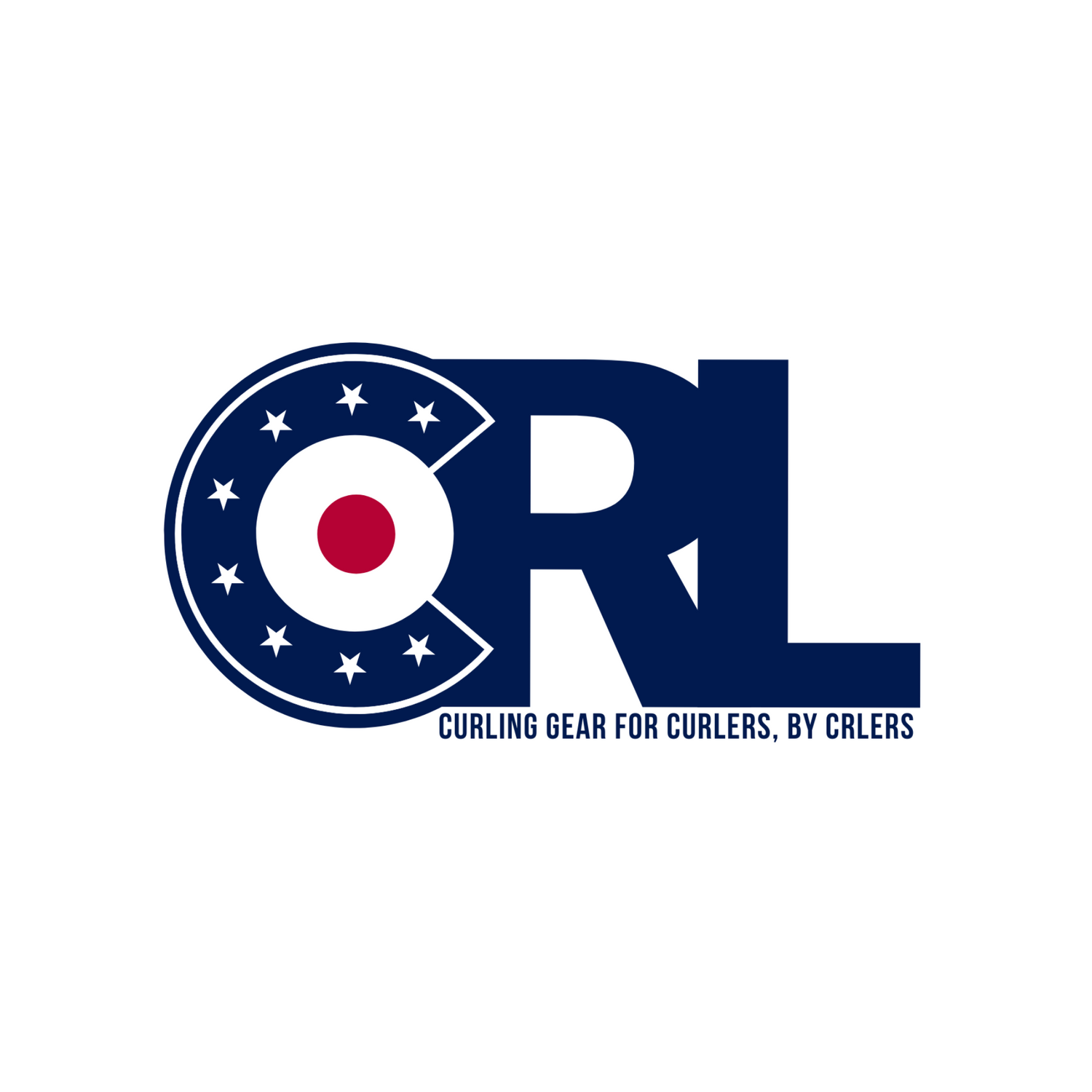 CRL logo featuring a curling house design integrated into the letter "C" with white stars on a navy background and a red button at center. The slogan “Curling Gear for Curlers, by CRLers” appears below the "RL" portion of the logo.