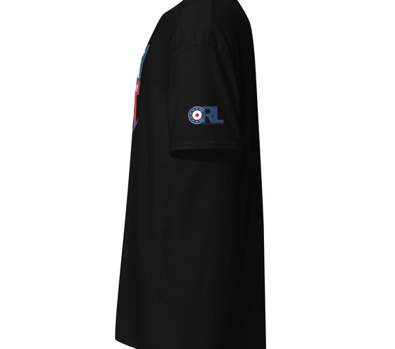 Black curling T-shirt featuring USA shield design and curling stone graphic — showing front layout and logo details.