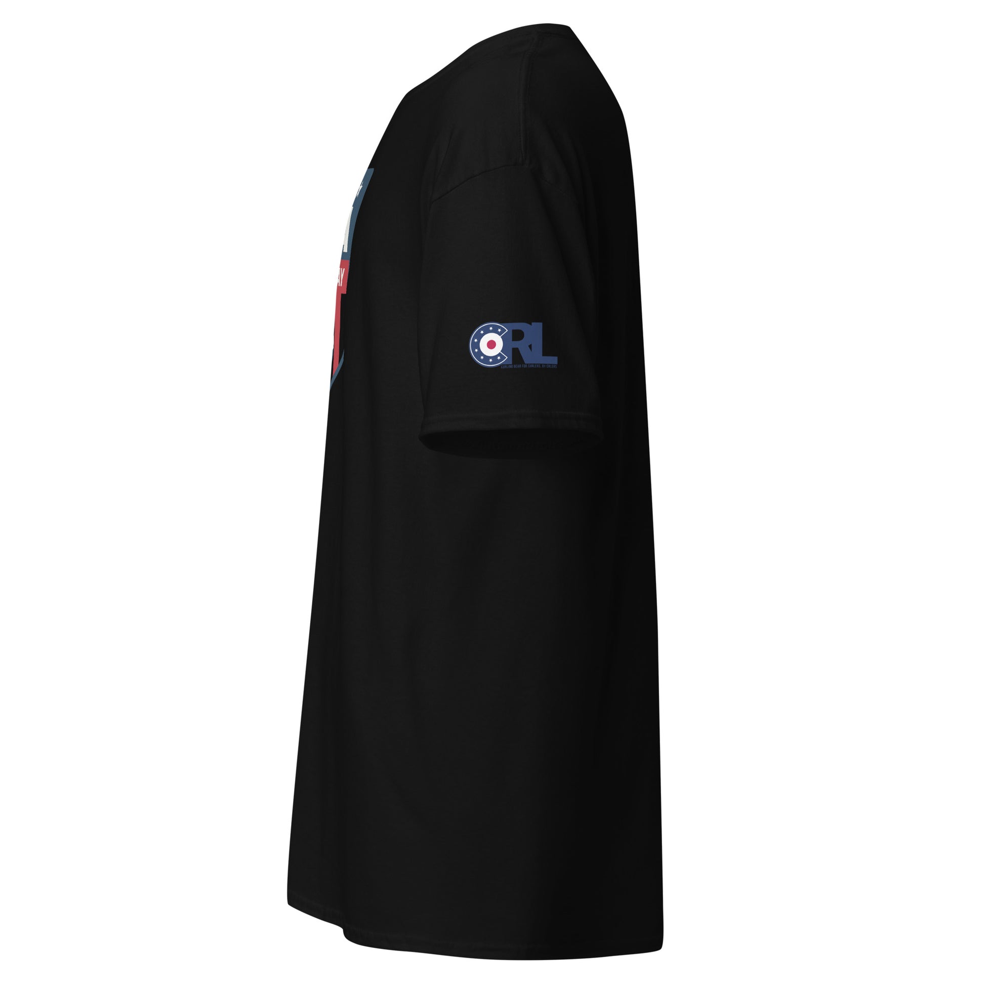 Black curling T-shirt featuring USA shield design and curling stone graphic — showing front layout and logo details.