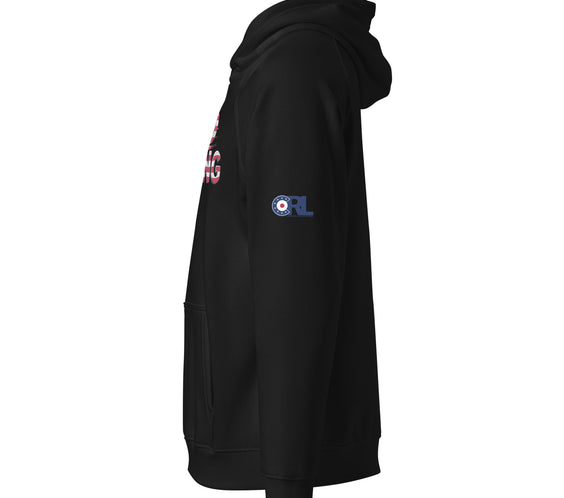 Side view of black USA curling hoodie showing the CRL logo printed on the sleeve, with the red, white, and blue curling-target design.