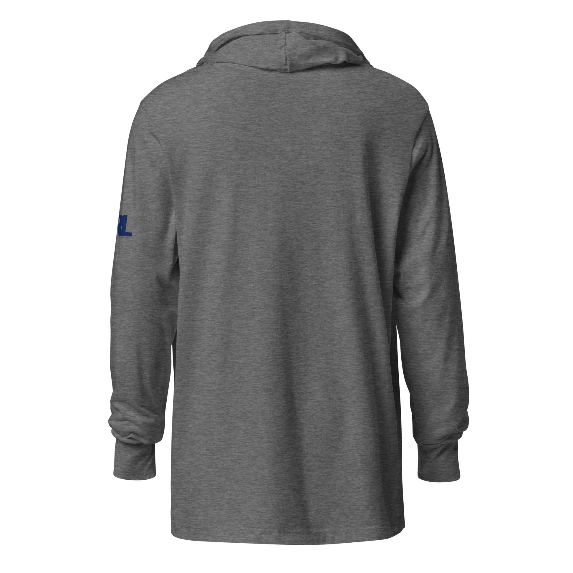 Back view of the CRL.Life grey triblend “Curling Ability Loading” unisex hooded long-sleeve tee, highlighting the lightweight, relaxed fit ideal for curlers on and off the ice.