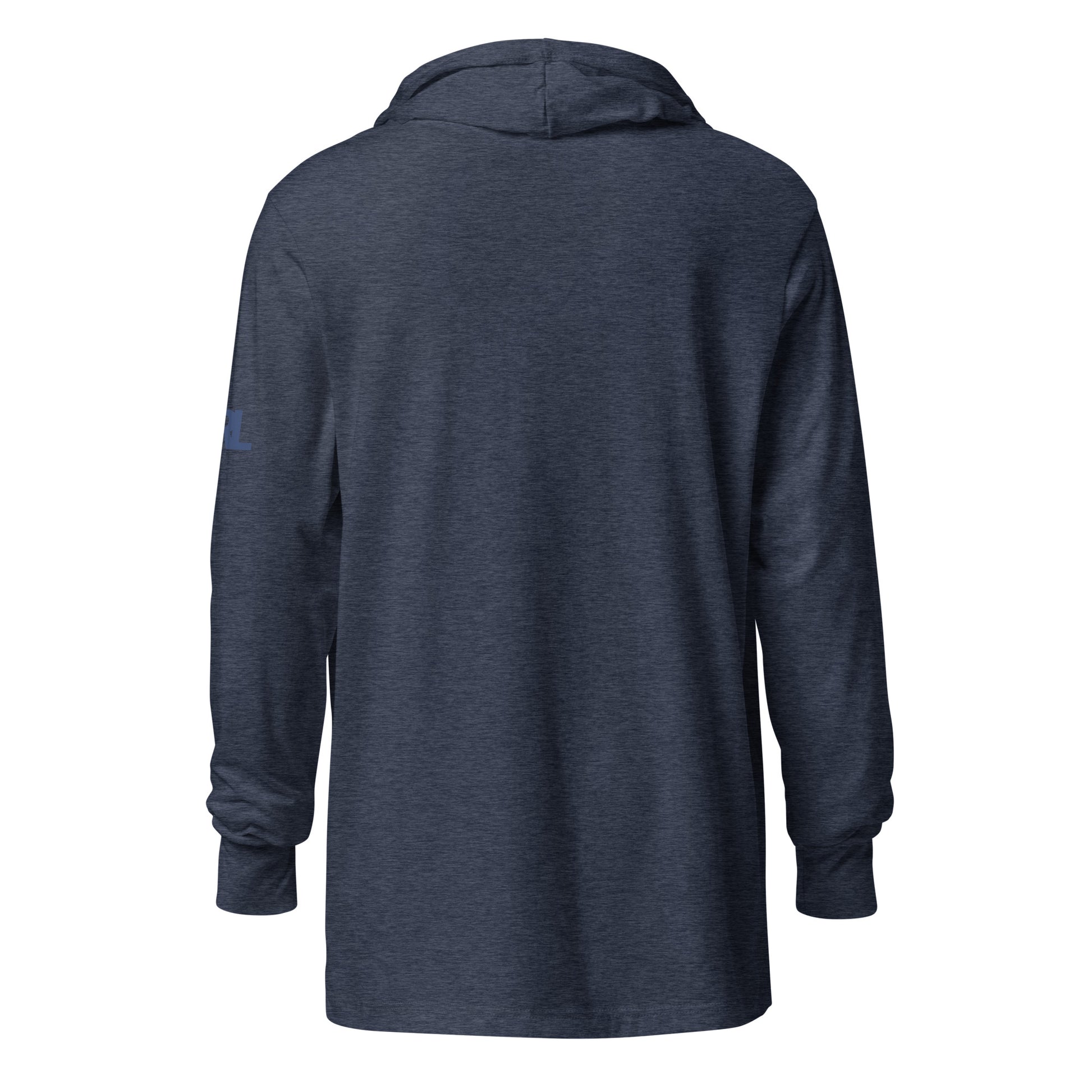 Back view of the CRL.Life heather navy “Curling Ability Loading” unisex hooded long-sleeve tee, highlighting the lightweight design and relaxed curling apparel fit.
