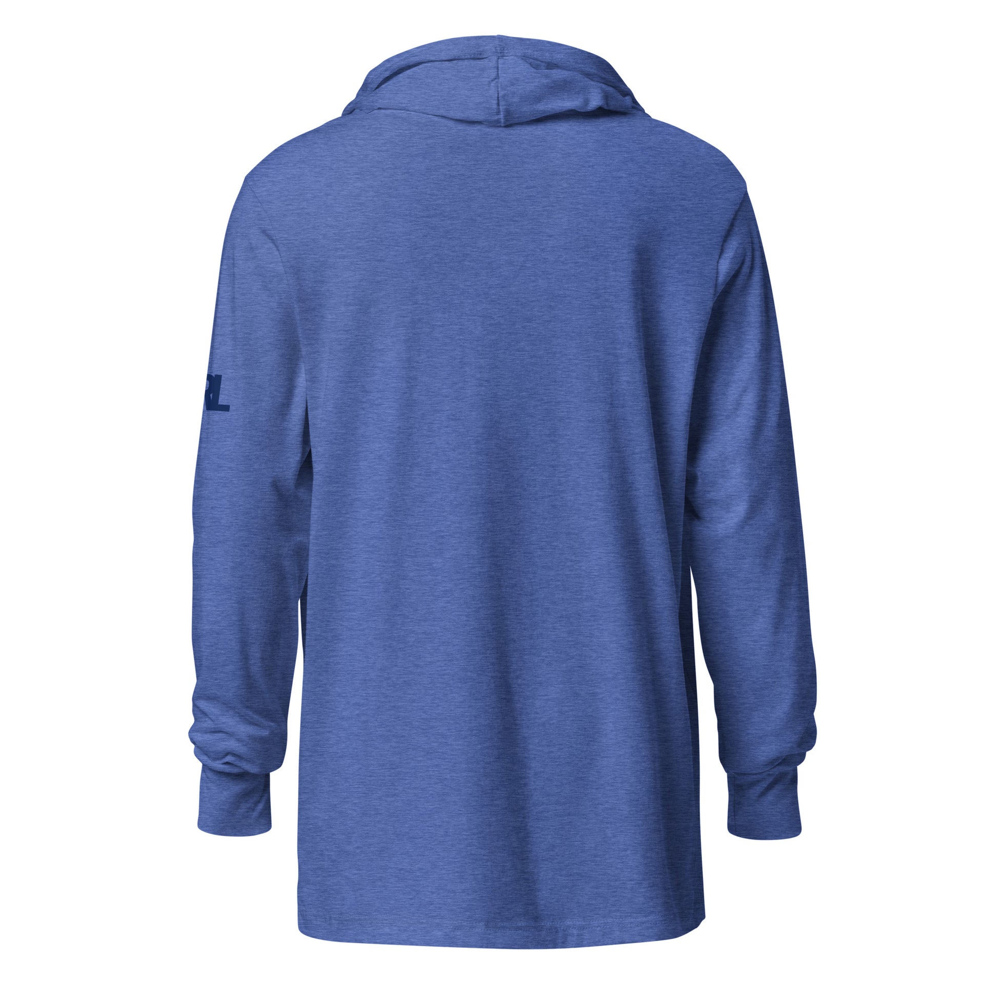 Back view of the CRL.Life heather true royal “Curling Ability Loading” unisex hooded long-sleeve tee, highlighting the lightweight, relaxed fit perfect for curlers on and off the ice.