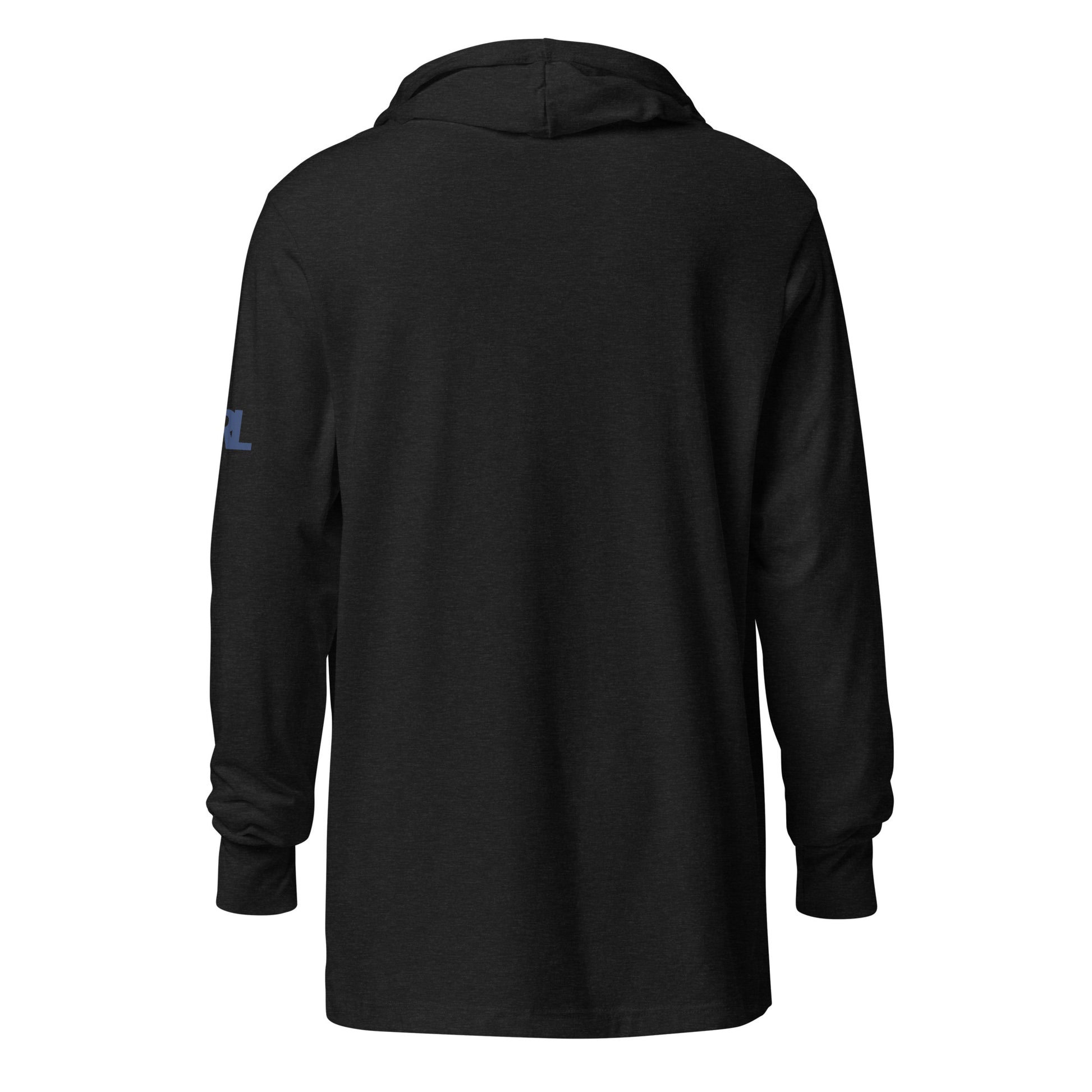 Back view of the CRL.Life “Curling Ability Loading” unisex hooded long-sleeve tee in black, showing the clean minimalist rear design and lightweight curling apparel fit.