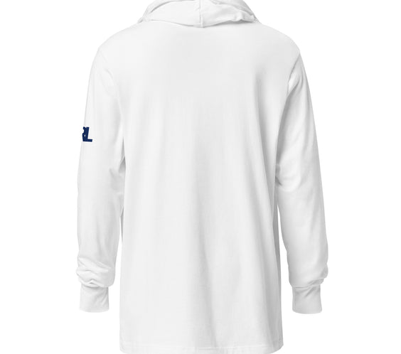 Back view of the CRL.Life white “Curling Ability Loading” unisex hooded long-sleeve tee, highlighting the lightweight, relaxed fit ideal for curlers on and off the ice.