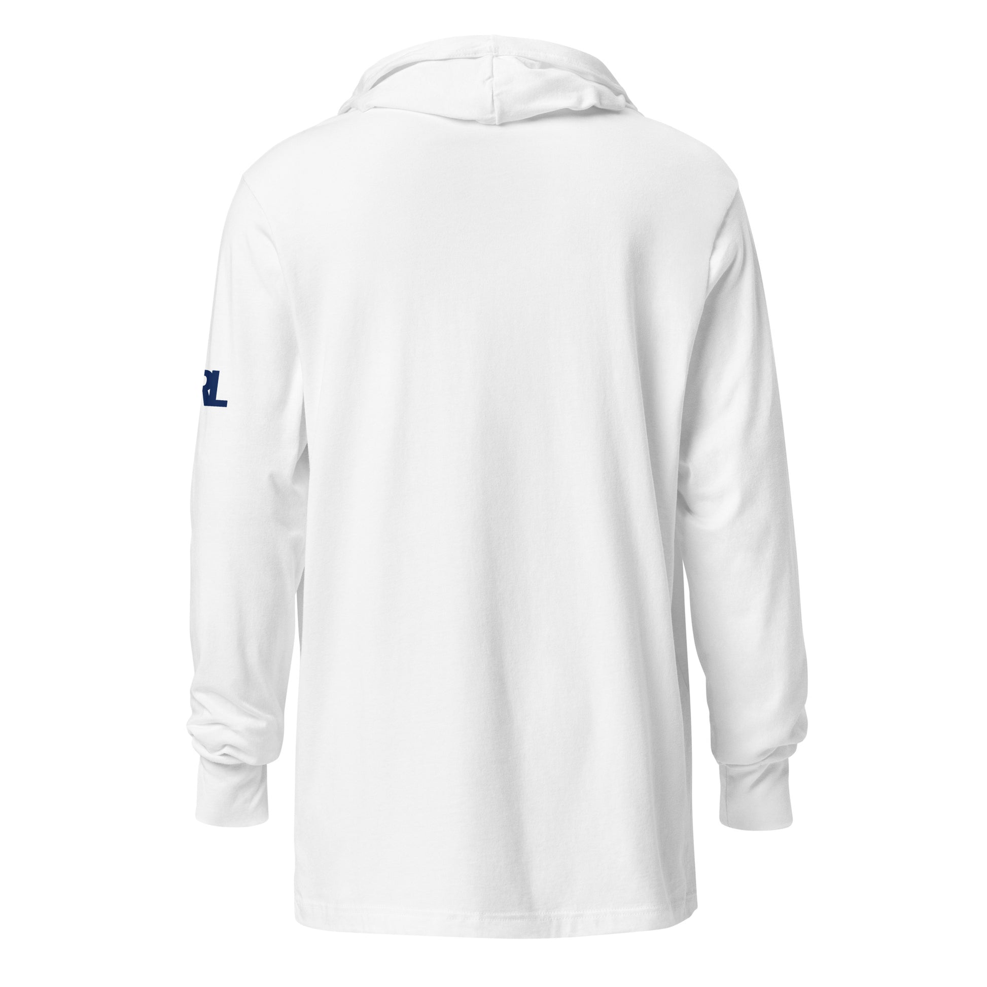 Back view of the CRL.Life white “Curling Ability Loading” unisex hooded long-sleeve tee, highlighting the lightweight, relaxed fit ideal for curlers on and off the ice.