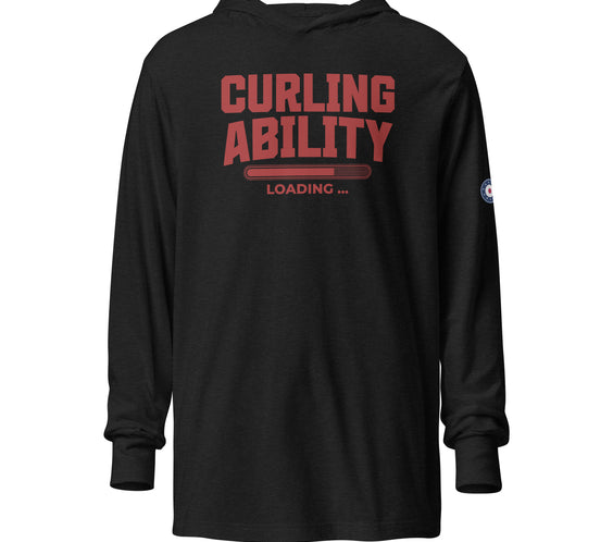 Front view of the CRL.Life “Curling Ability Loading” hooded long-sleeve tee in black, featuring the bold red curling-themed loading bar graphic and premium lightweight design.