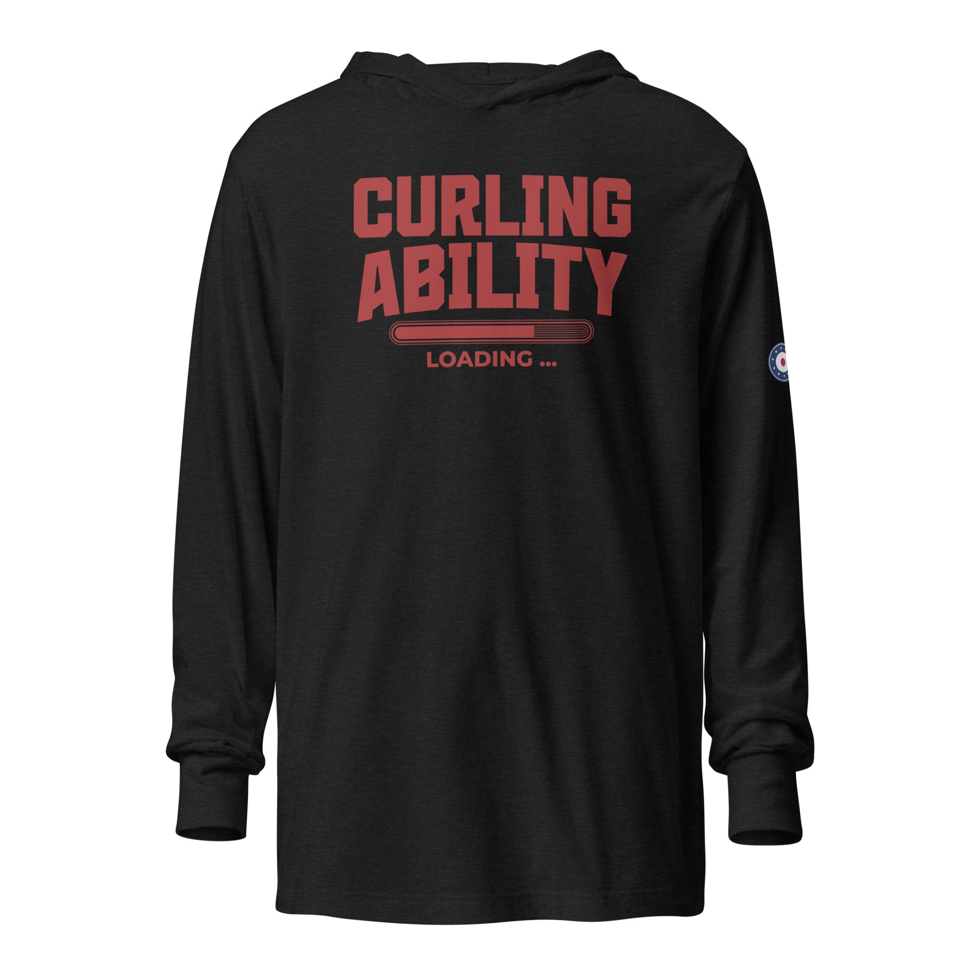 Front view of the CRL.Life “Curling Ability Loading” hooded long-sleeve tee in black, featuring the bold red curling-themed loading bar graphic and premium lightweight design.