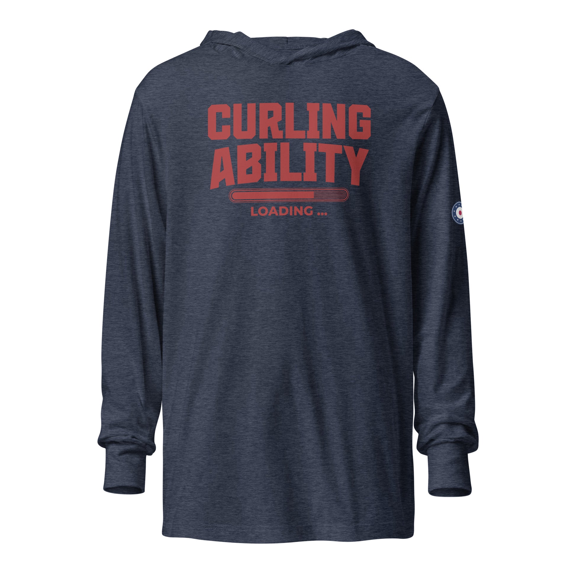 Front view of the CRL.Life “Curling Ability Loading” hooded long-sleeve tee in heather navy, featuring the bold red curling loading bar graphic and lightweight unisex fit.