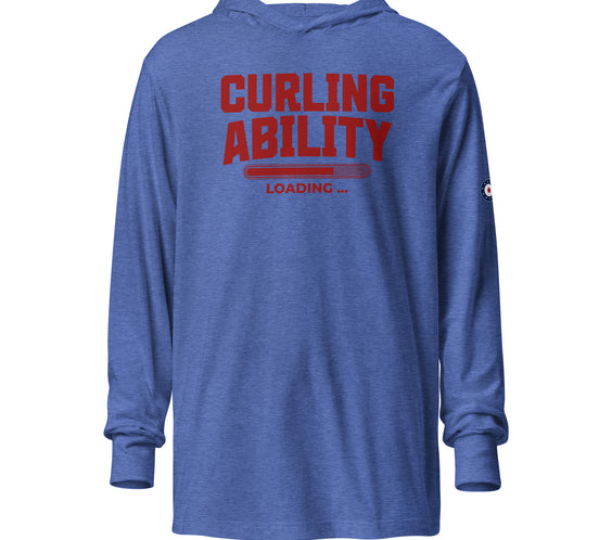 Front view of the CRL.Life “Curling Ability Loading” hooded long-sleeve tee in heather true royal, featuring the bold red curling loading bar graphic and premium lightweight unisex fit.