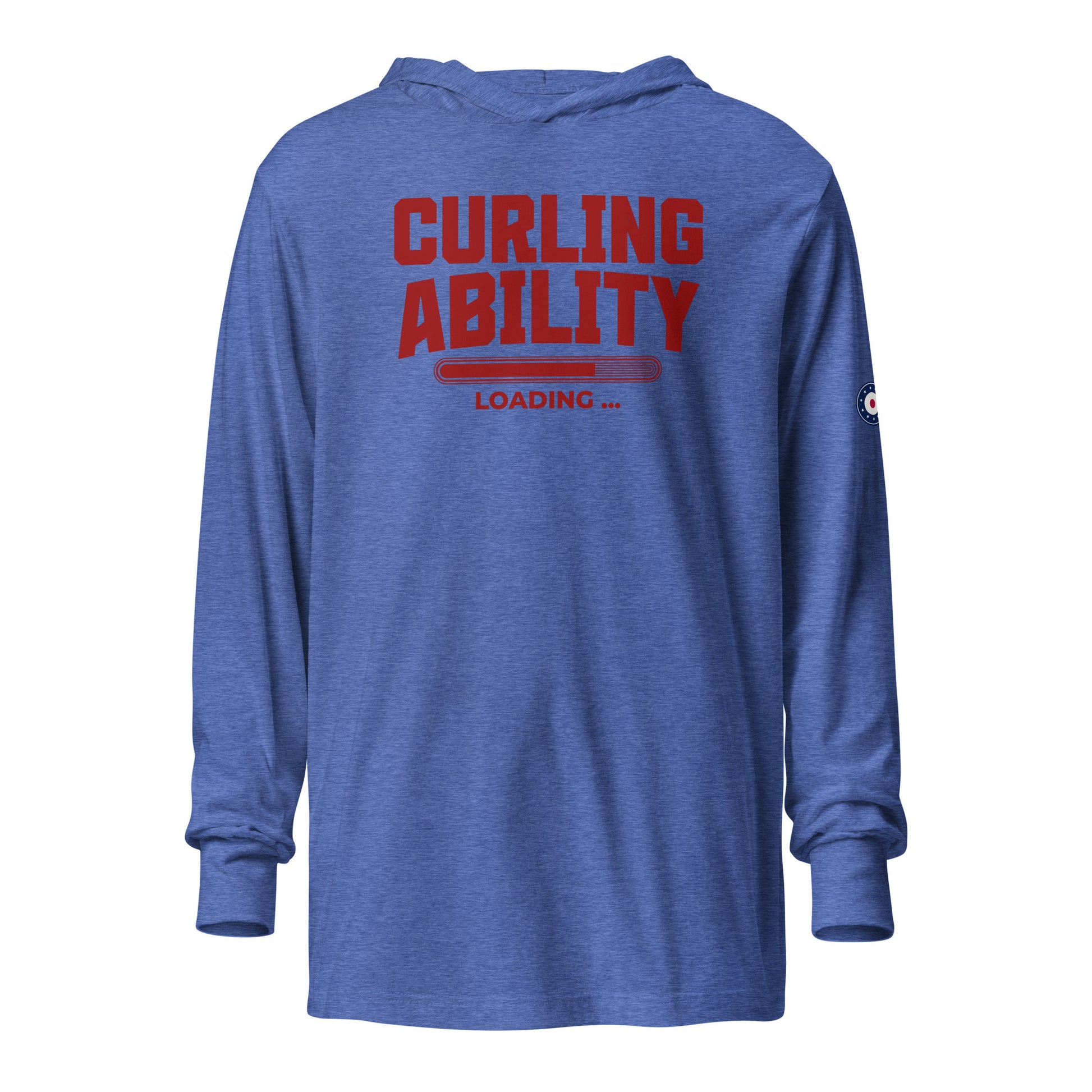 Front view of the CRL.Life “Curling Ability Loading” hooded long-sleeve tee in heather true royal, featuring the bold red curling loading bar graphic and premium lightweight unisex fit.