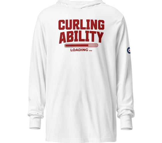 Front view of the CRL.Life “Curling Ability Loading” hooded long-sleeve tee in white, featuring the bold red curling loading bar graphic and lightweight unisex fit perfect for curlers.