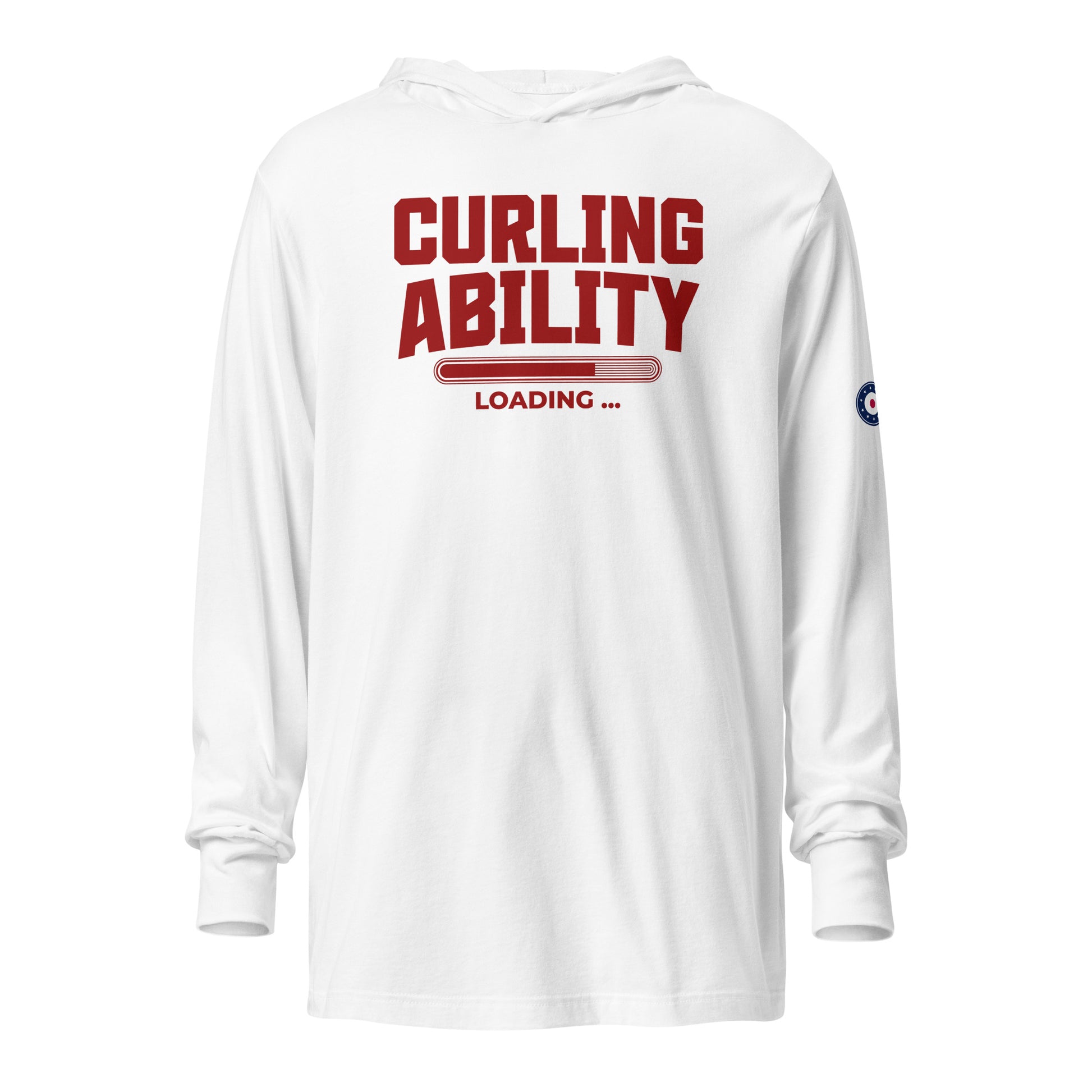 Front view of the CRL.Life “Curling Ability Loading” hooded long-sleeve tee in white, featuring the bold red curling loading bar graphic and lightweight unisex fit perfect for curlers.