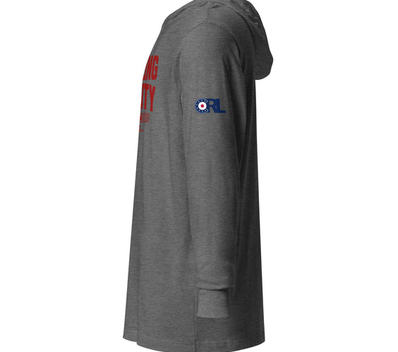 Left side view of the CRL.Life grey triblend “Curling Ability Loading” hooded long-sleeve tee, showing the clean side profile and comfortable athletic curling apparel fit.