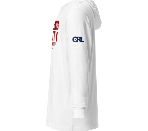 Left side view of the CRL.Life white “Curling Ability Loading” hooded long-sleeve tee, showcasing the clean side profile and comfortable athletic curling apparel fit.
