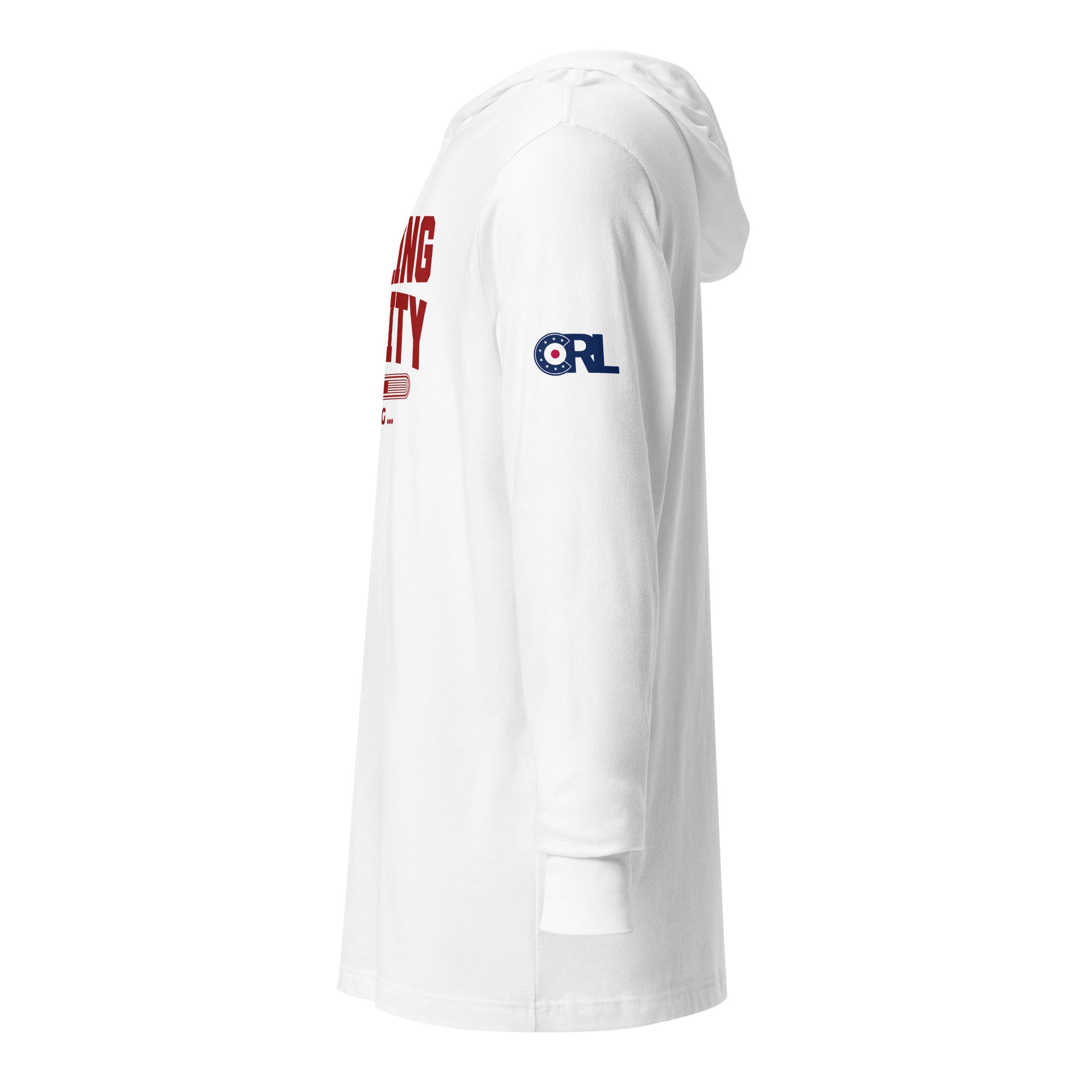 Left side view of the CRL.Life white “Curling Ability Loading” hooded long-sleeve tee, showcasing the clean side profile and comfortable athletic curling apparel fit.