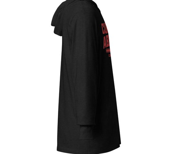 Right side view of the CRL.Life “Curling Ability Loading” long-sleeve hooded tee, featuring the curling stone graphic and CRL logo on the sleeve.