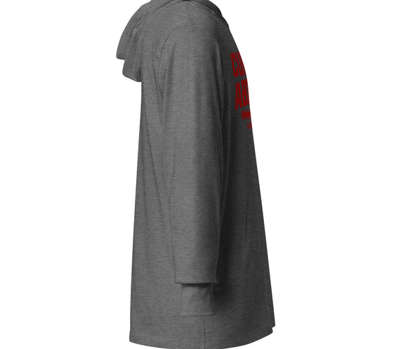 Right side view of the CRL.Life “Curling Ability Loading” hooded tee in grey triblend, featuring the CRL curling stone sleeve logo detail for added style.