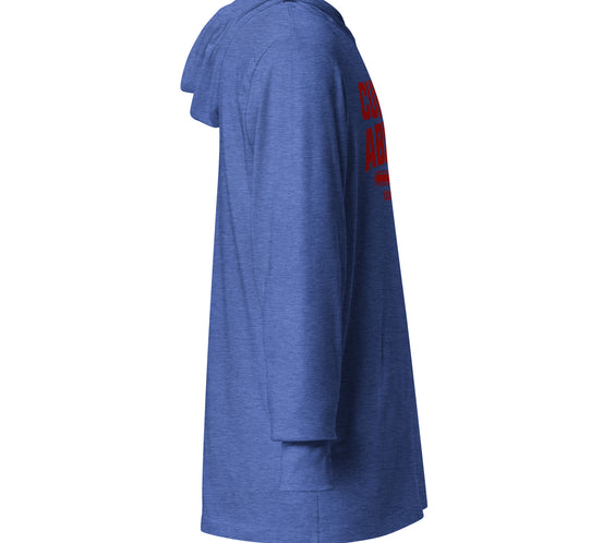 Right side view of the CRL.Life “Curling Ability Loading” hooded tee in heather true royal, featuring the CRL curling stone sleeve logo detail for added style.