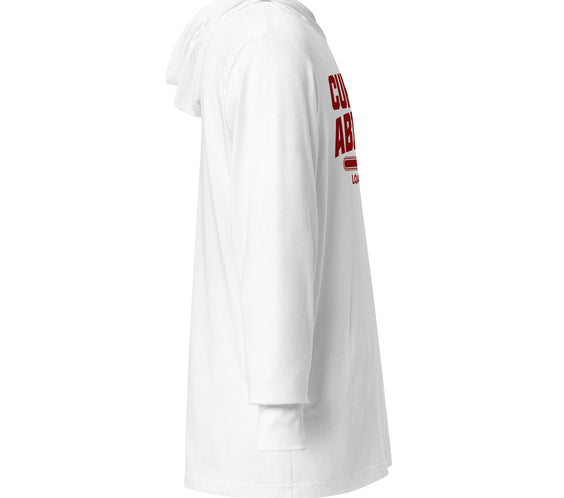 Right side view of the CRL.Life “Curling Ability Loading” hooded tee in white, featuring the CRL curling stone sleeve logo detail for added style.