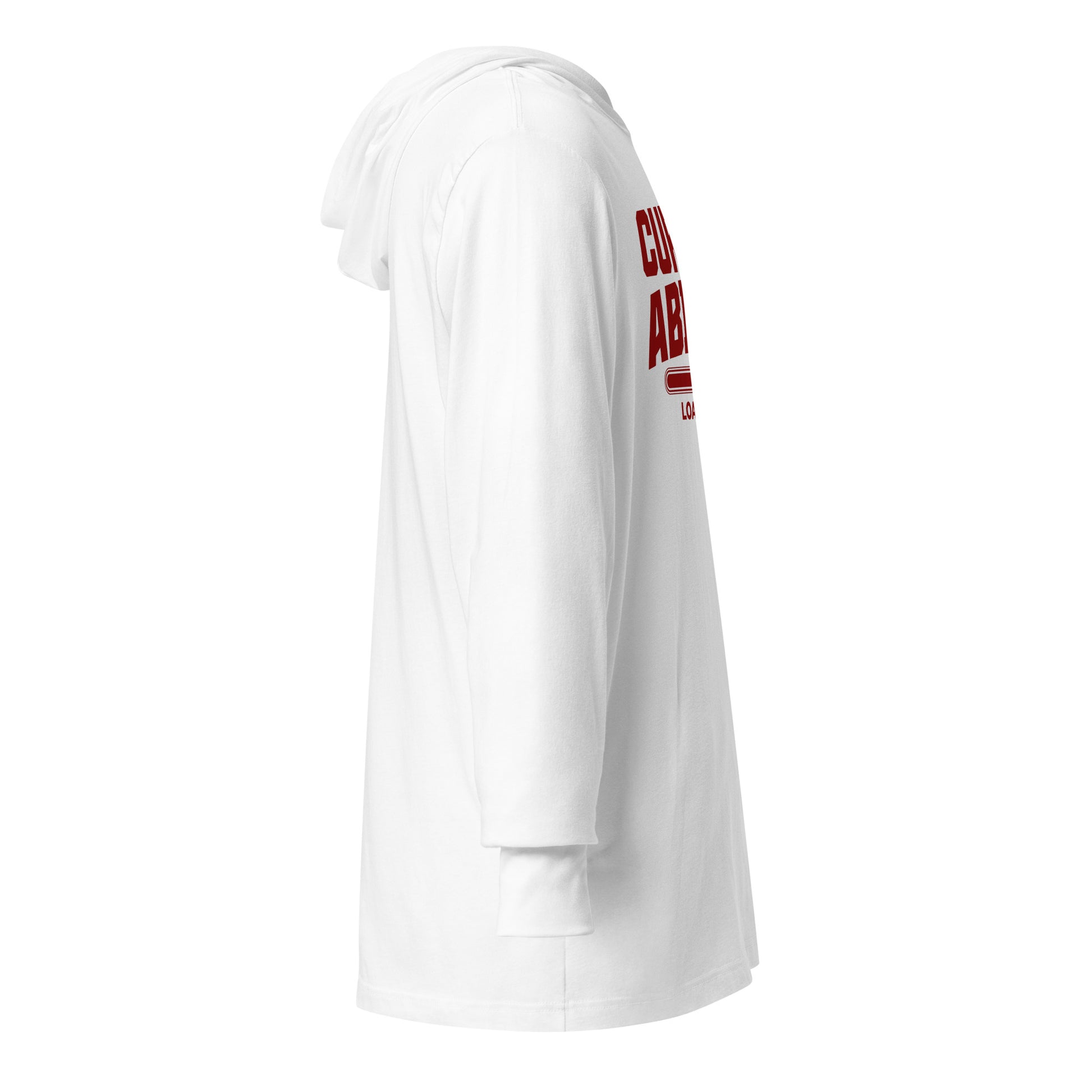 Right side view of the CRL.Life “Curling Ability Loading” hooded tee in white, featuring the CRL curling stone sleeve logo detail for added style.