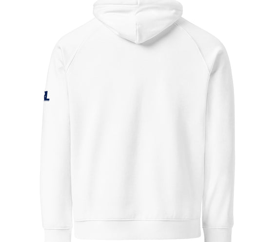 Back view of the white “Fri-yay, Let’s Curl!” hoodie showing the hood, raglan sleeves, and CRL logo partially visible on the sleeve.