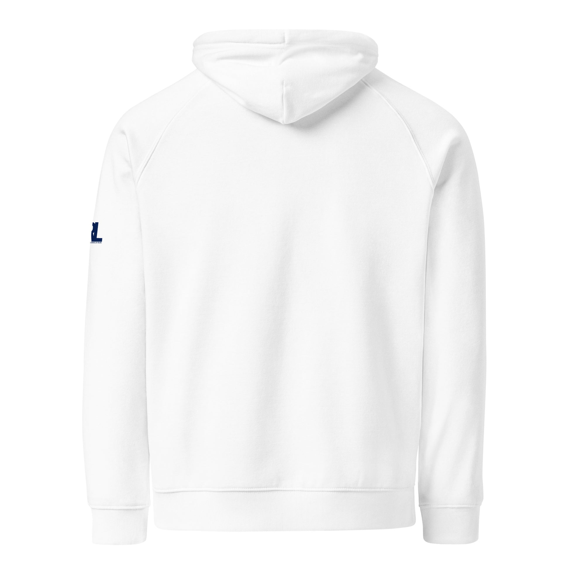 Back view of the white “Fri-yay, Let’s Curl!” hoodie showing the hood, raglan sleeves, and CRL logo partially visible on the sleeve.