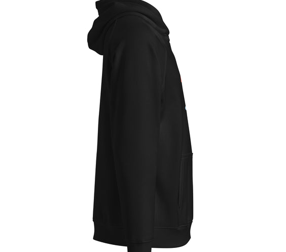 Side view of the black “Fri-yay, Let’s Curl!” hoodie showing the fit, hood, and a partial view of the colorful front curling graphic.