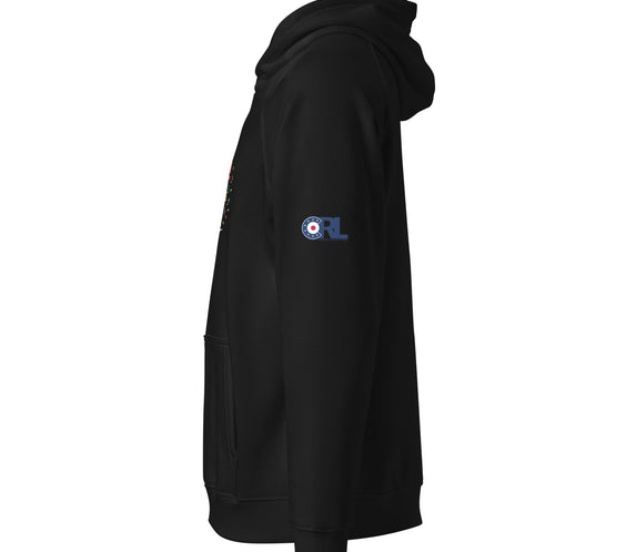 Side view of the black “Fri-yay, Let’s Curl!” hoodie showing the CRL logo printed on the sleeve, with part of the front graphic visible.