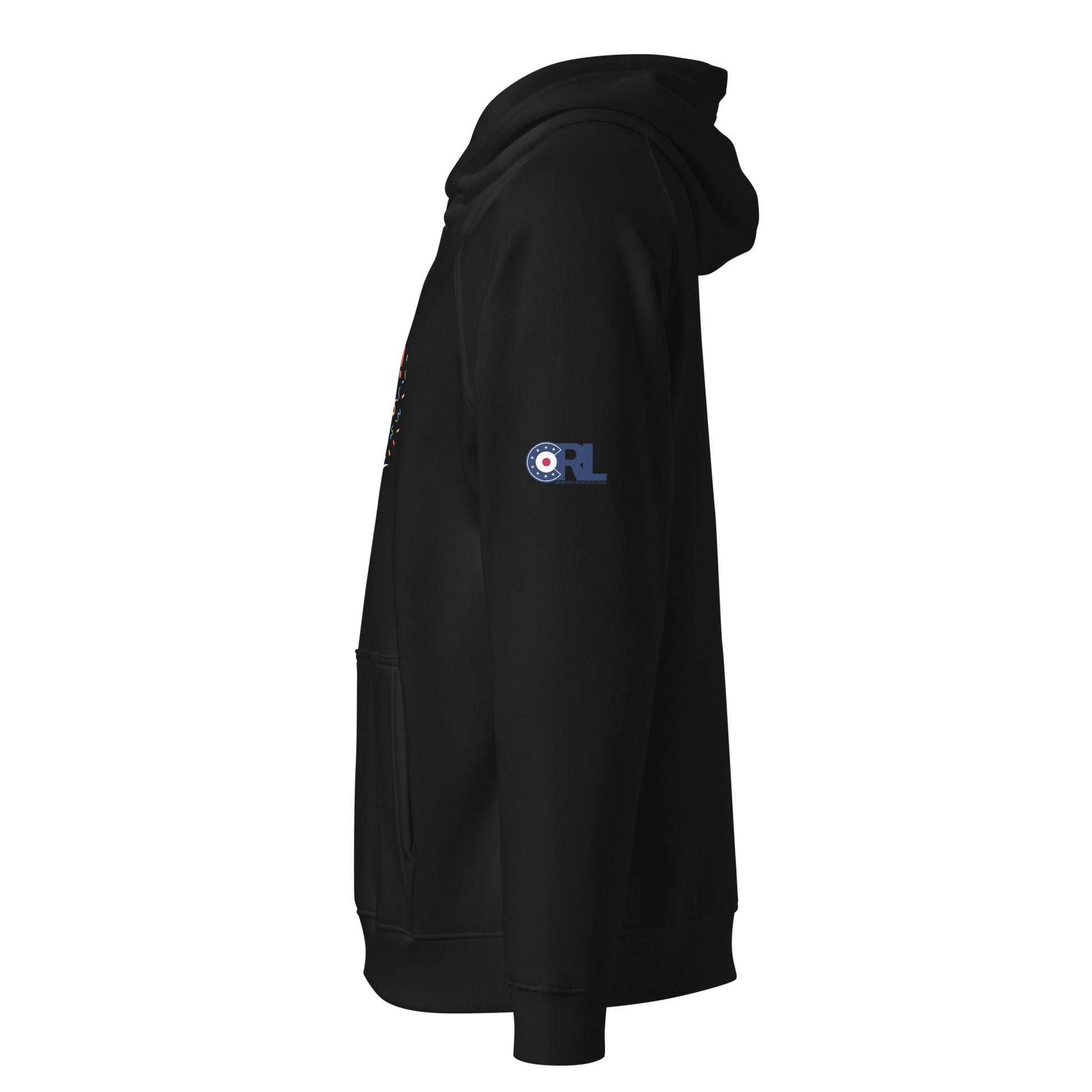 Side view of the black “Fri-yay, Let’s Curl!” hoodie showing the CRL logo printed on the sleeve, with part of the front graphic visible.
