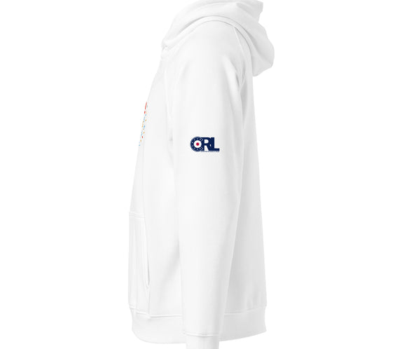 Side view of the white “Fri-yay, Let’s Curl!” hoodie showing the CRL logo printed on the sleeve, with a partial view of the colorful front curling graphic.