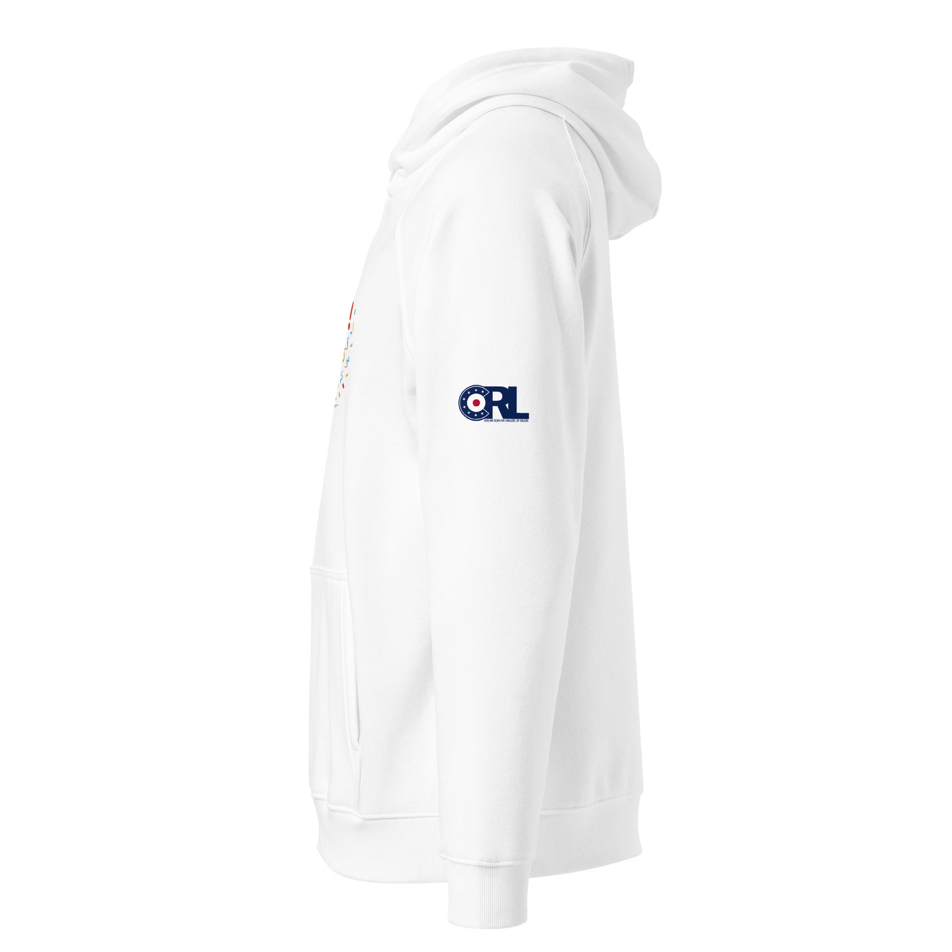 Side view of the white “Fri-yay, Let’s Curl!” hoodie showing the CRL logo printed on the sleeve, with a partial view of the colorful front curling graphic.