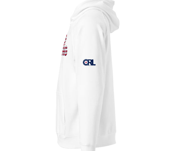 Side view of white Good Curling USA Flag hoodie showing the CRL logo printed on the sleeve, with the front graphic partially visible.