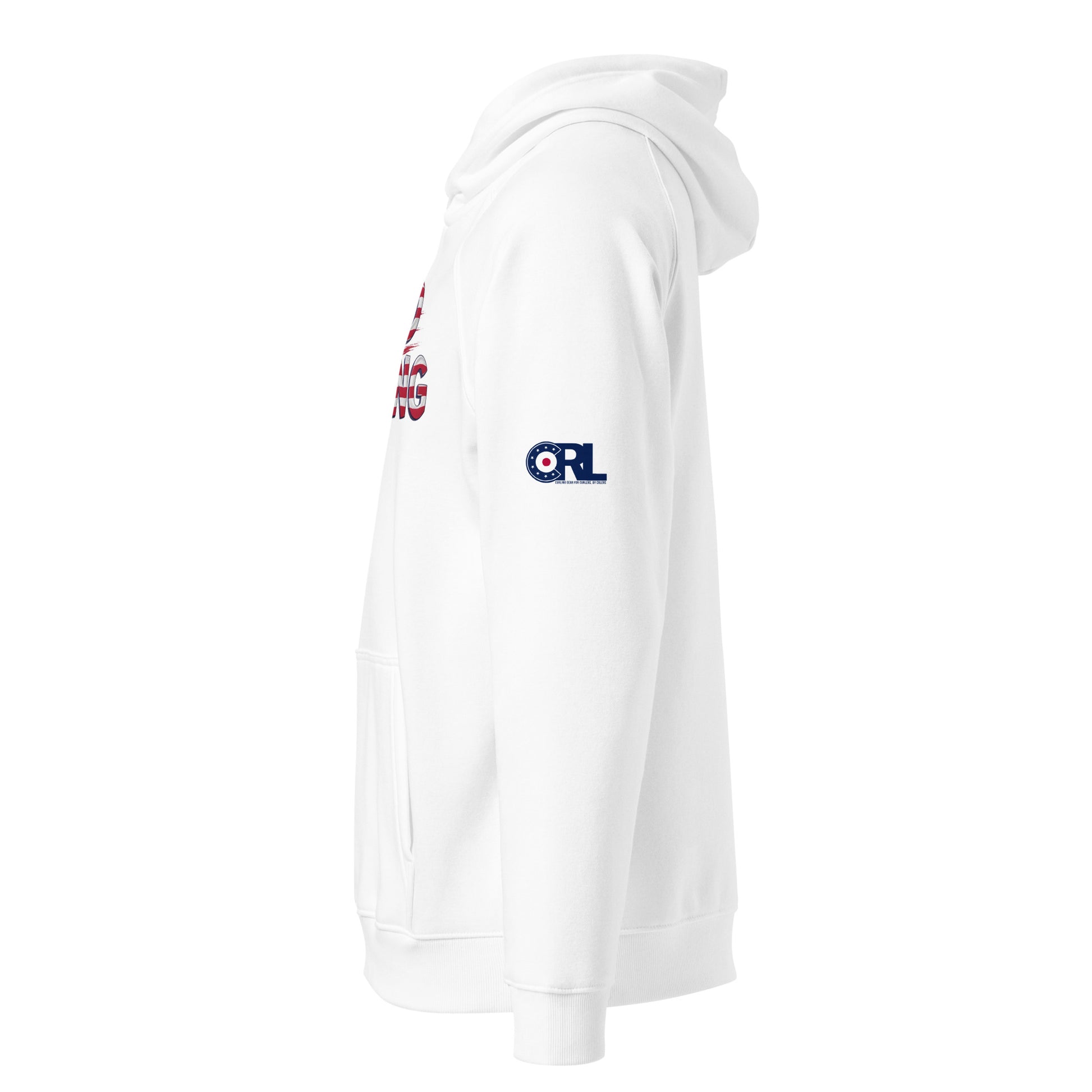 Side view of white Good Curling USA Flag hoodie showing the CRL logo printed on the sleeve, with the front graphic partially visible.
