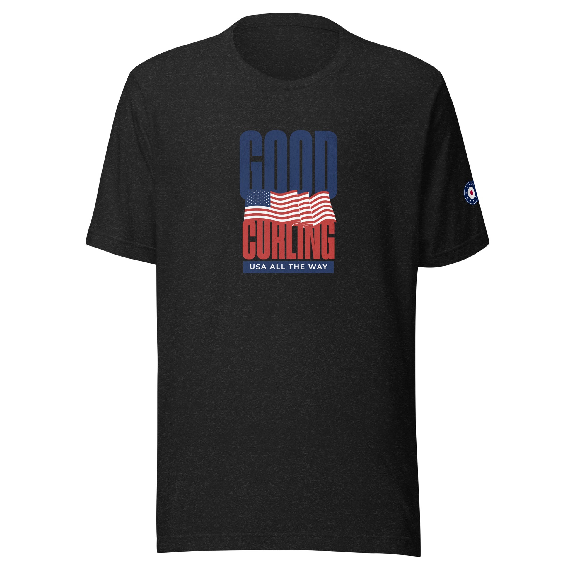 Front view of the “Good Curling USA All The Way” T-shirt in black heather, showcasing the bold red, white, and blue curling-inspired USA flag design and CRL logo sleeve detail.
