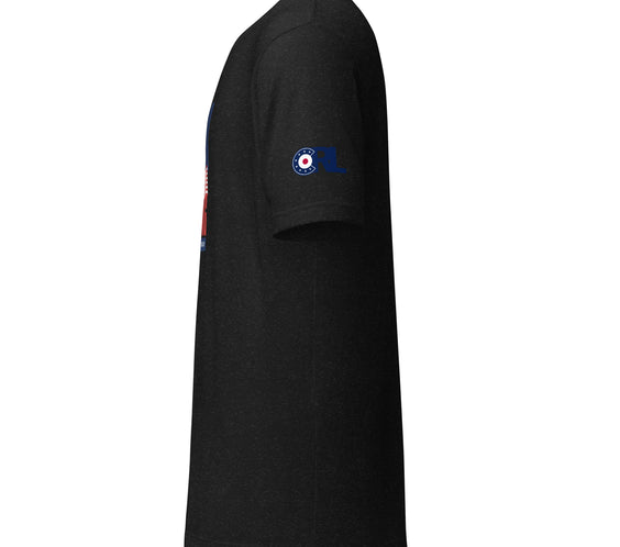 Side view of the “Good Curling USA All The Way” T-shirt in black heather, featuring the CRL logo on the sleeve and a soft unisex fit for everyday comfort.