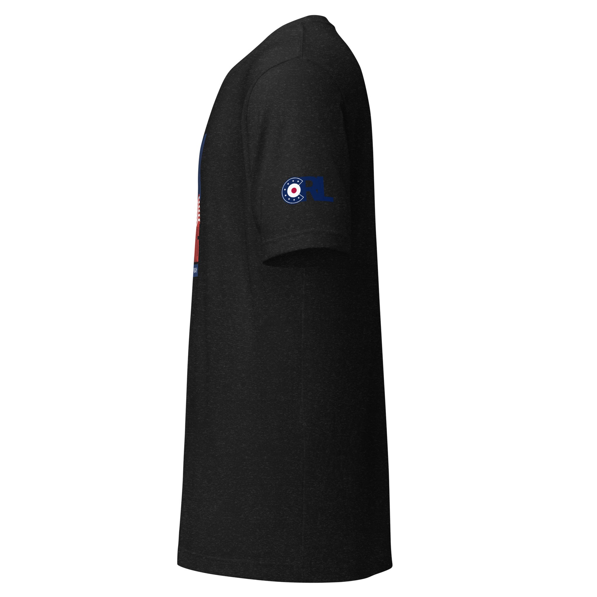 Side view of the “Good Curling USA All The Way” T-shirt in black heather, featuring the CRL logo on the sleeve and a soft unisex fit for everyday comfort.