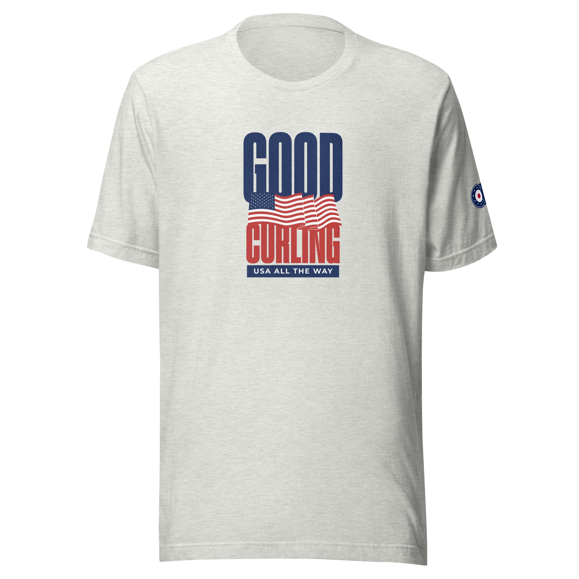 Front view of the “Good Curling USA All The Way” T-shirt featuring a bold navy and red graphic with a waving American flag and “Good Curling” text, printed on a lightweight ash gray tee.