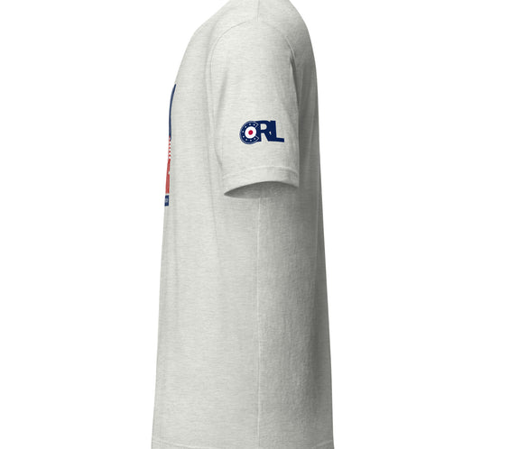 Side view of the “Good Curling USA All The Way” T-shirt in ash gray, featuring the CRL logo printed on the sleeve and a comfortable unisex fit.