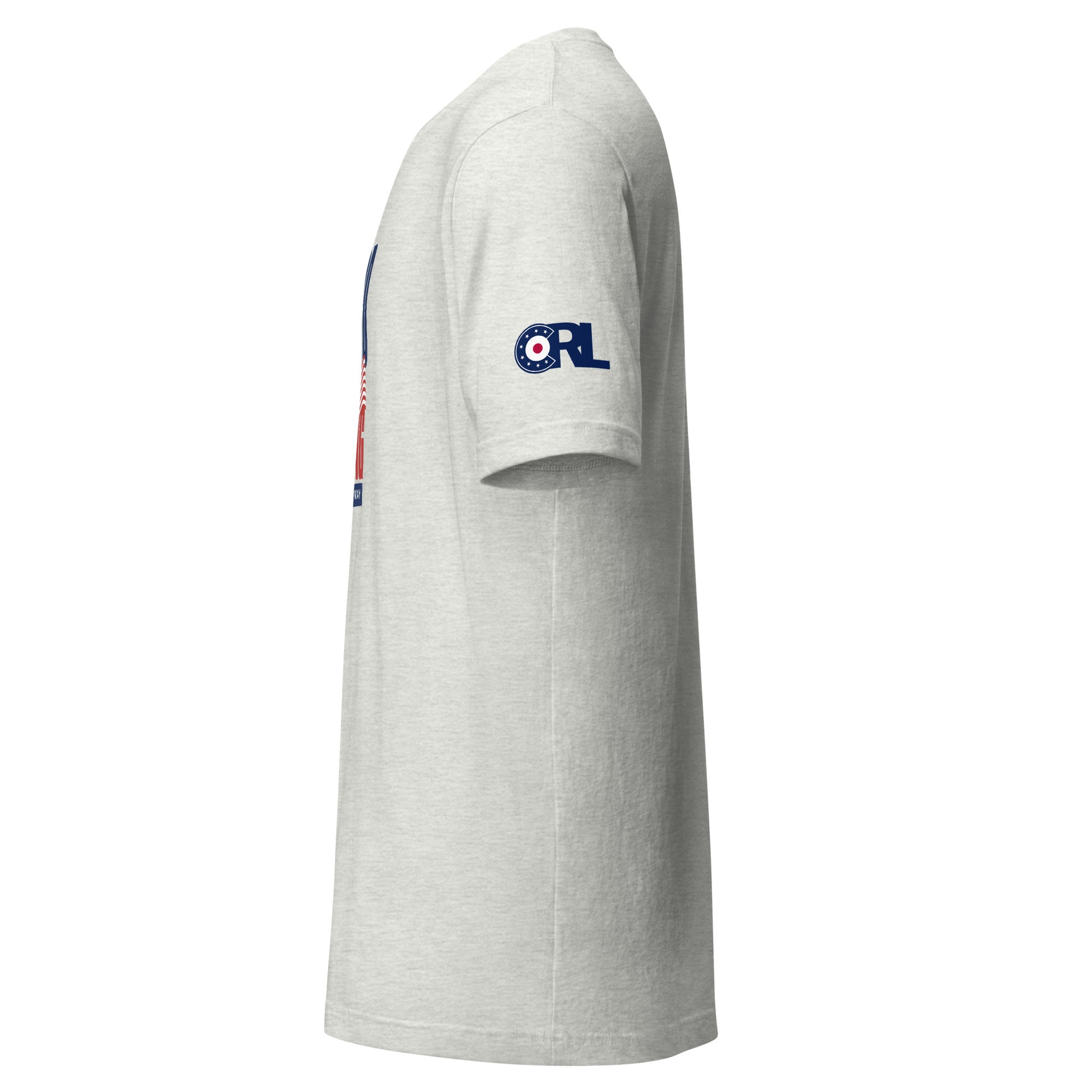 Side view of the “Good Curling USA All The Way” T-shirt in ash gray, featuring the CRL logo printed on the sleeve and a comfortable unisex fit.