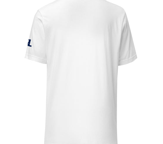 Back view of the “Good Curling USA All The Way” T-shirt in crisp white, featuring a smooth, clean finish and the CRL sleeve logo detail.