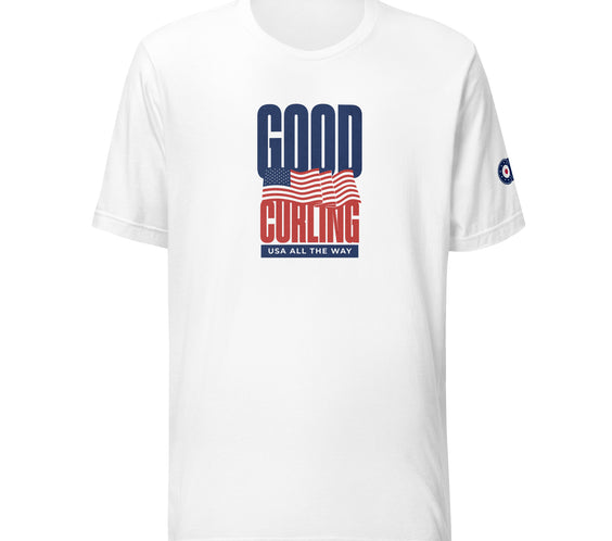 Front view of the “Good Curling USA All The Way” T-shirt in white, showcasing the bold red, white, and blue flag-inspired curling graphic with “USA All The Way” text and CRL logo on the sleeve.