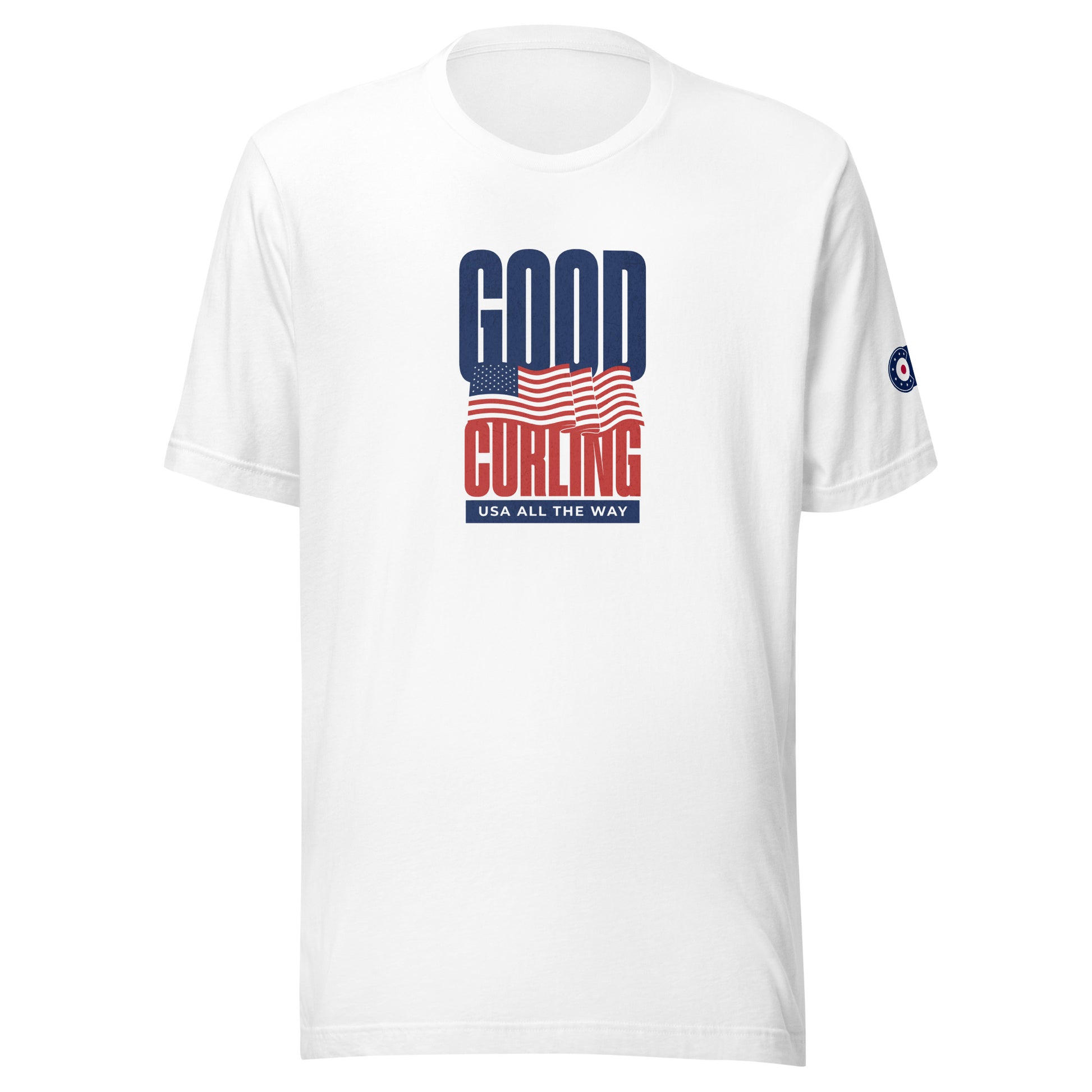 Front view of the “Good Curling USA All The Way” T-shirt in white, showcasing the bold red, white, and blue flag-inspired curling graphic with “USA All The Way” text and CRL logo on the sleeve.