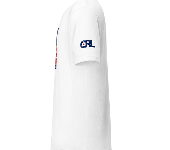 Side view of the “Good Curling USA All The Way” T-shirt in white, highlighting the CRL sleeve logo and soft unisex cotton fit for everyday wear.