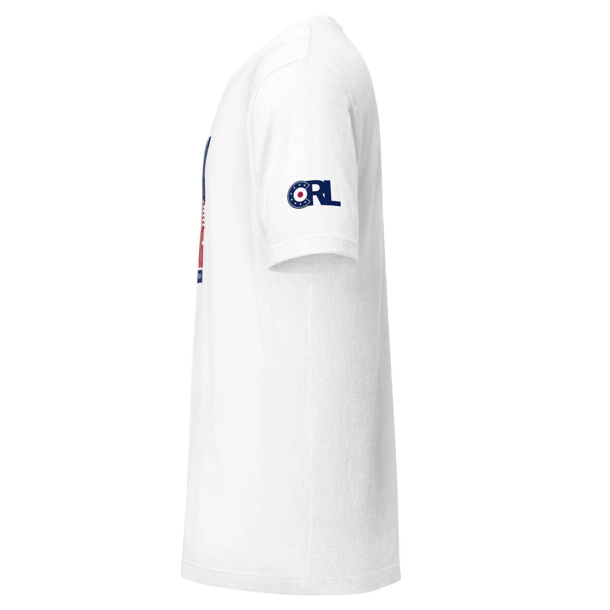 Side view of the “Good Curling USA All The Way” T-shirt in white, highlighting the CRL sleeve logo and soft unisex cotton fit for everyday wear.