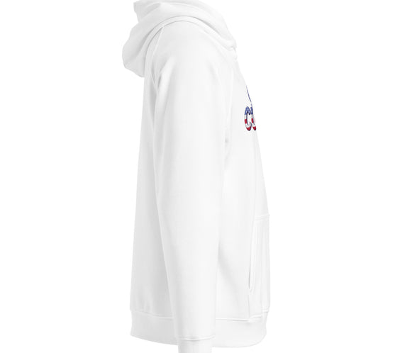 Side view of white Good Curling USA Flag hoodie showing the fit, hood, and a partial view of the front red, white, and blue curling graphic.