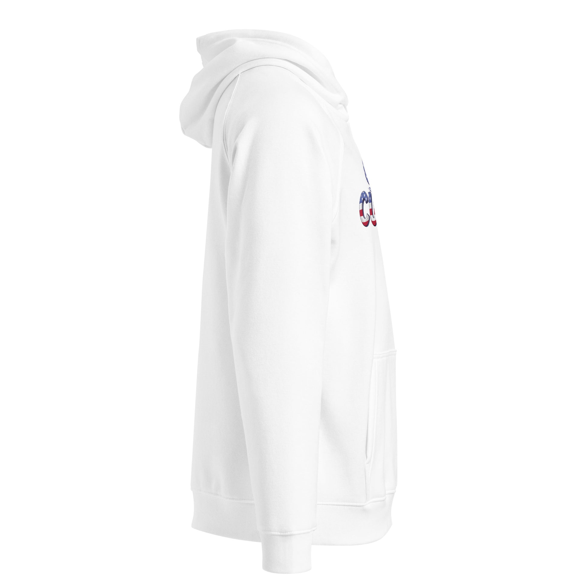 Side view of white Good Curling USA Flag hoodie showing the fit, hood, and a partial view of the front red, white, and blue curling graphic.