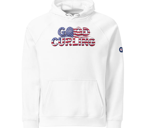 White hoodie featuring the phrase “Good Curling” in a red, white, and blue American flag design, with a curling-target logo printed on the sleeve.