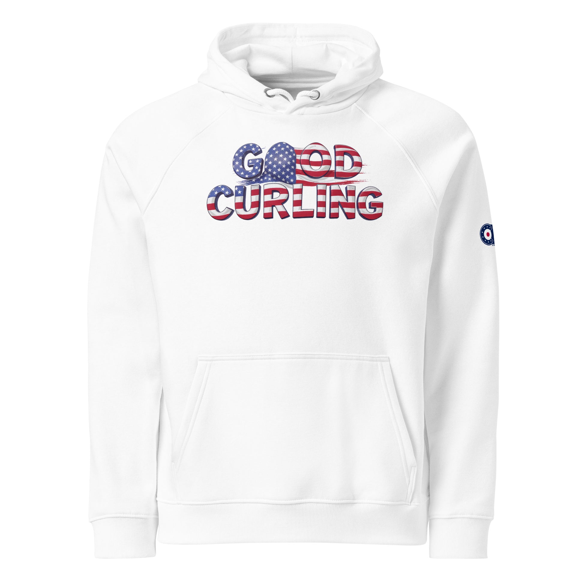White hoodie featuring the phrase “Good Curling” in a red, white, and blue American flag design, with a curling-target logo printed on the sleeve.