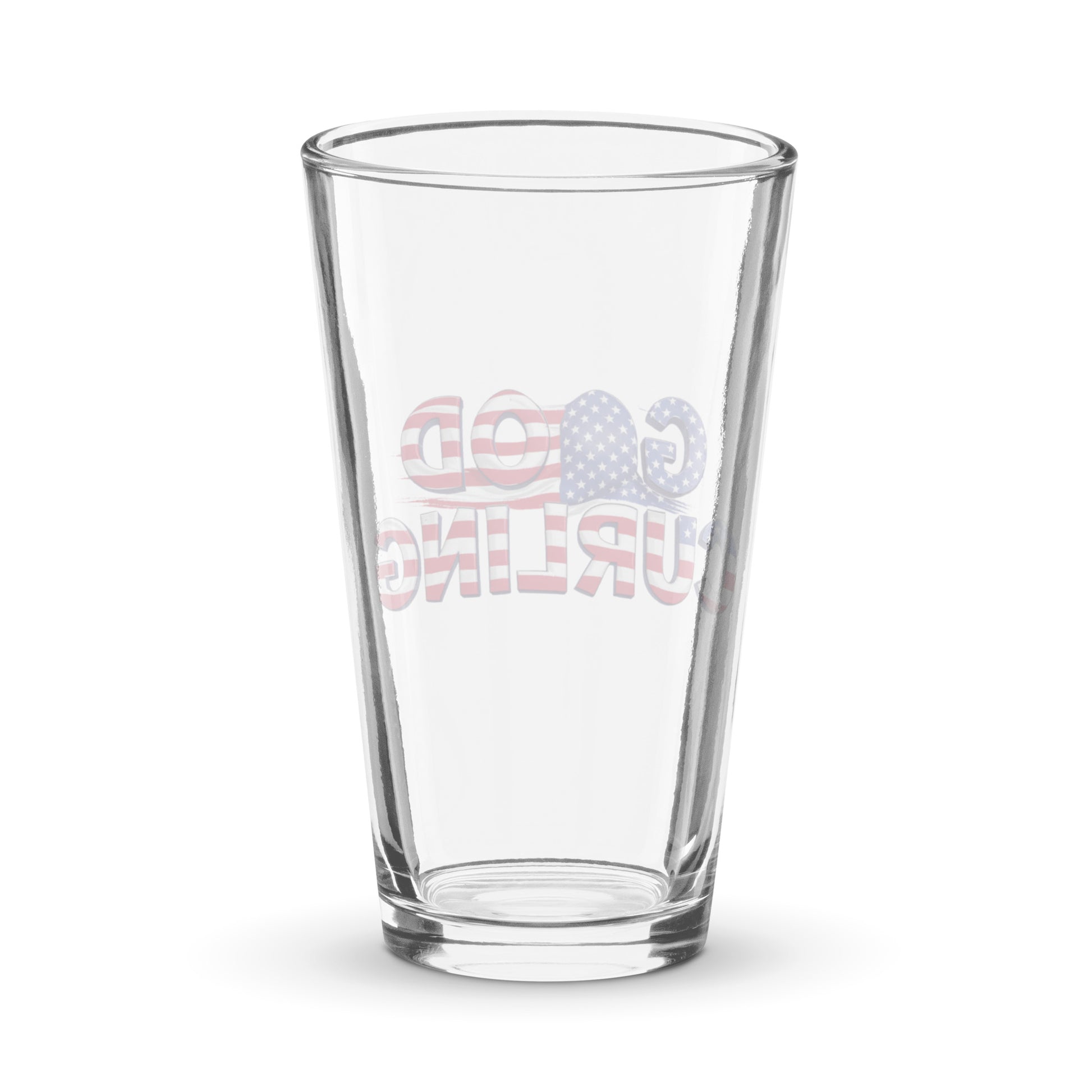 Back view of a clear shaker pint glass showing the reversed “Good Curling” USA flag print through the glass. Patriotic curling-themed drinkware by CRL.